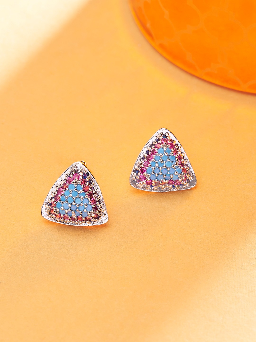 

AMI Pink & Blue Cubic Zirconia Triangular Studs Earrings