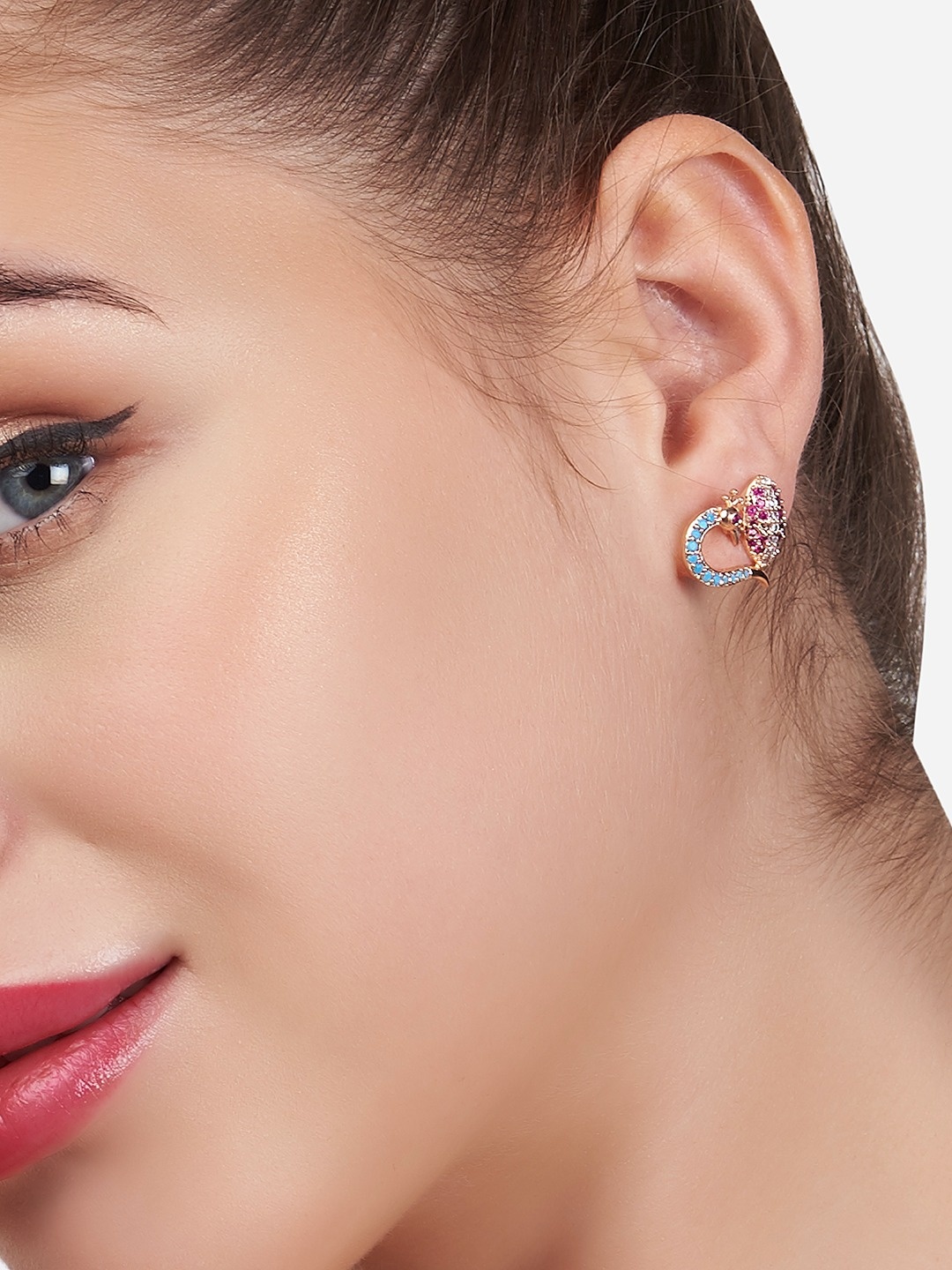 

AMI Pink & Blue Cubic Zirconia Peacock Shaped Studs Earrings