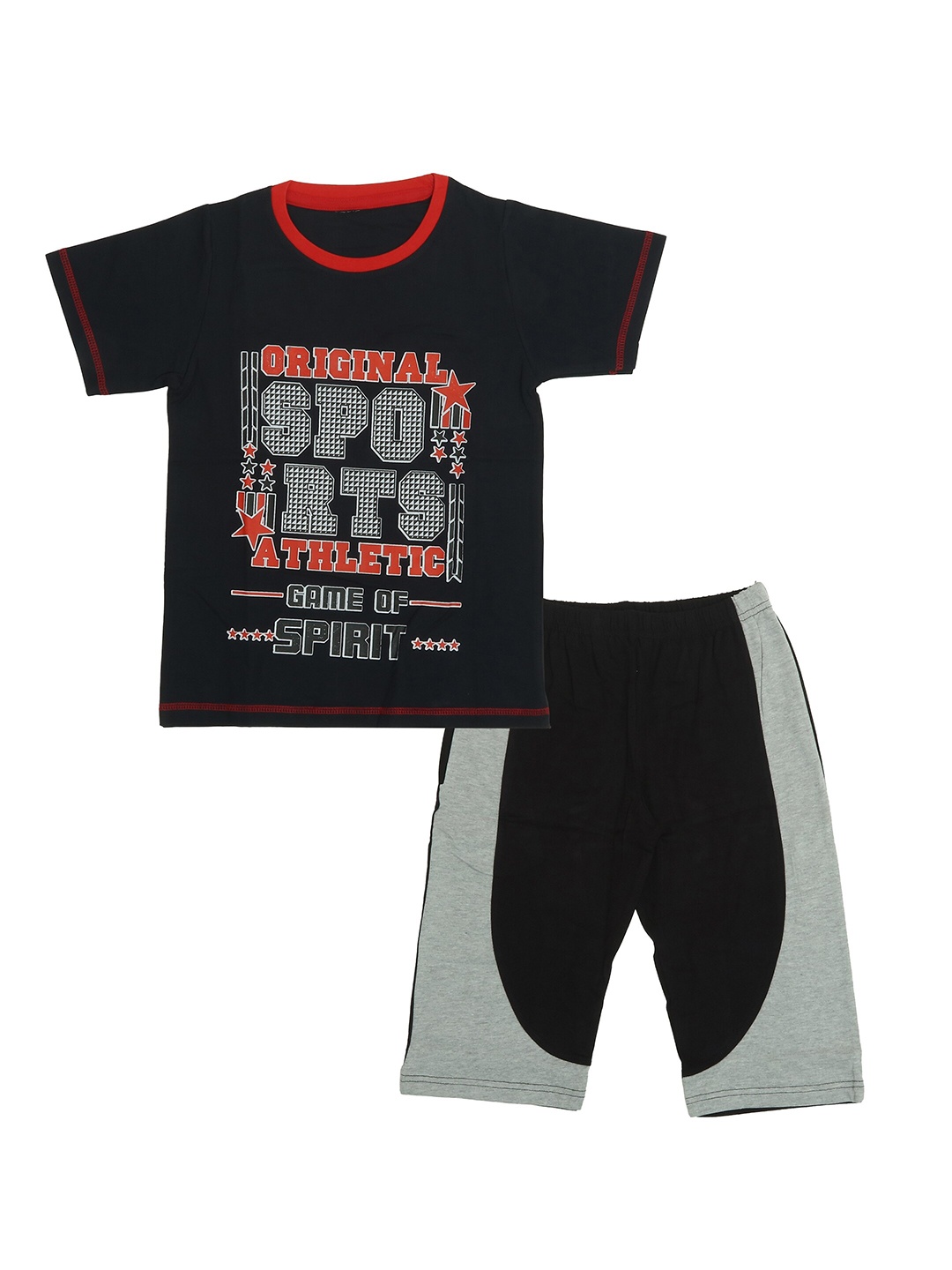 

OLIVE MIST Boys Navy Blue & Black Printed T-shirt with Shorts