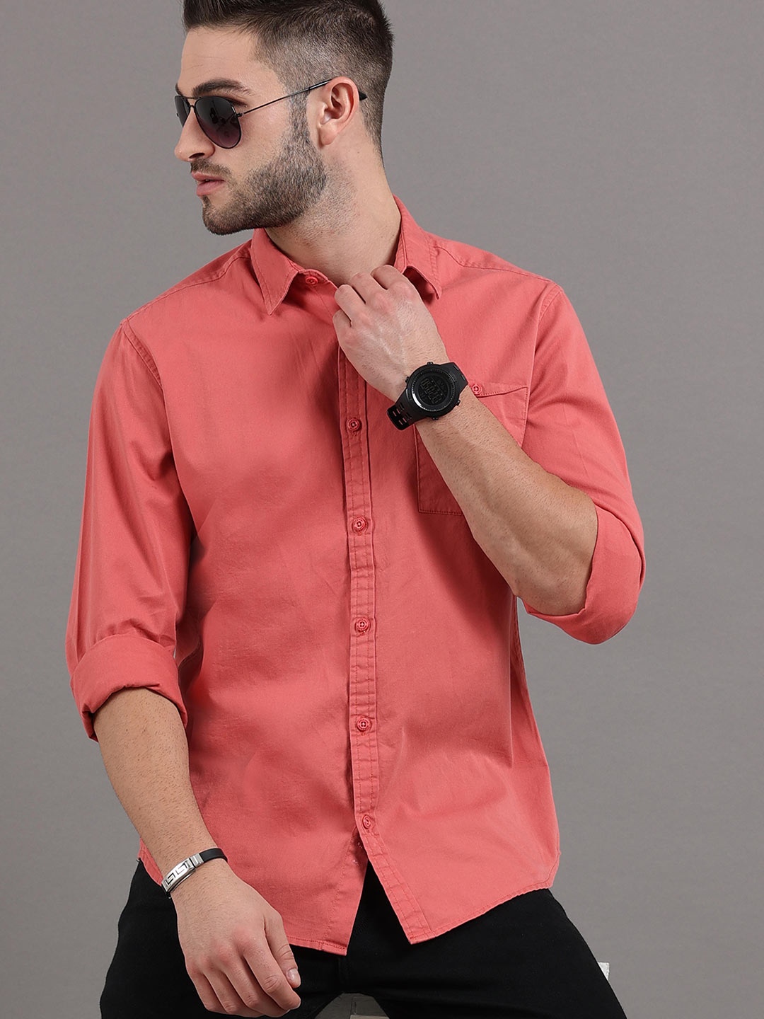 

HERE&NOW Men's Peach-Coloured Slim Fit Casual Shirt