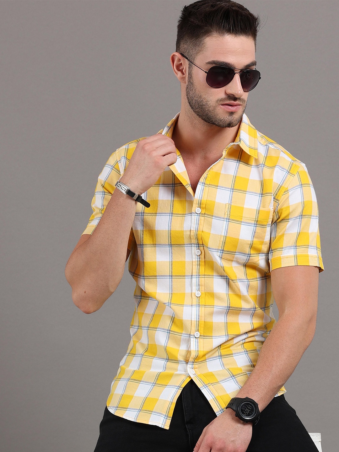 

HERE&NOW Men Yellow Slim Fit Gingham Checks Checked Casual Shirt