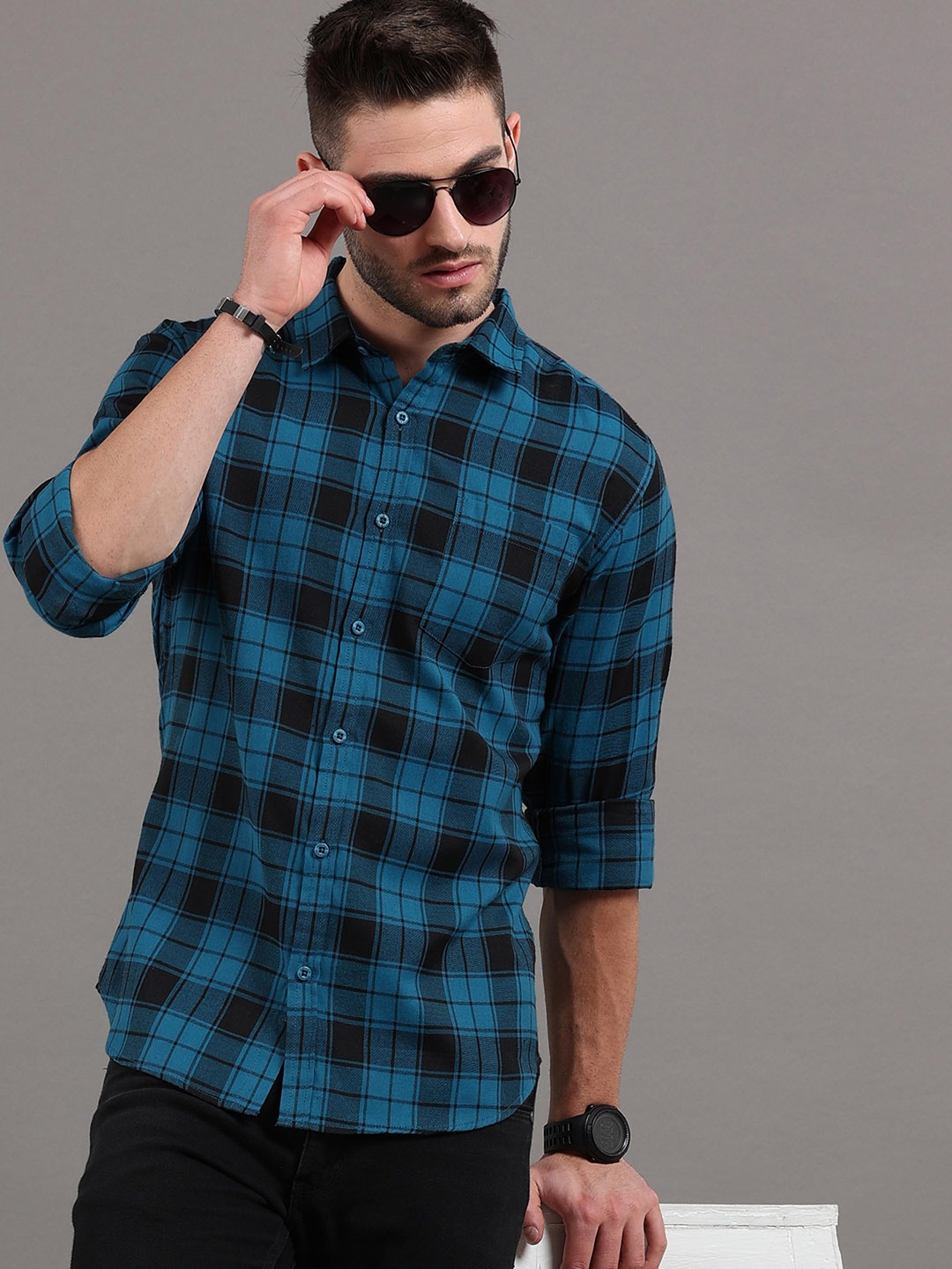 

HERE&NOW Men Blue Slim Fit Tartan Checks Checked Casual Shirt