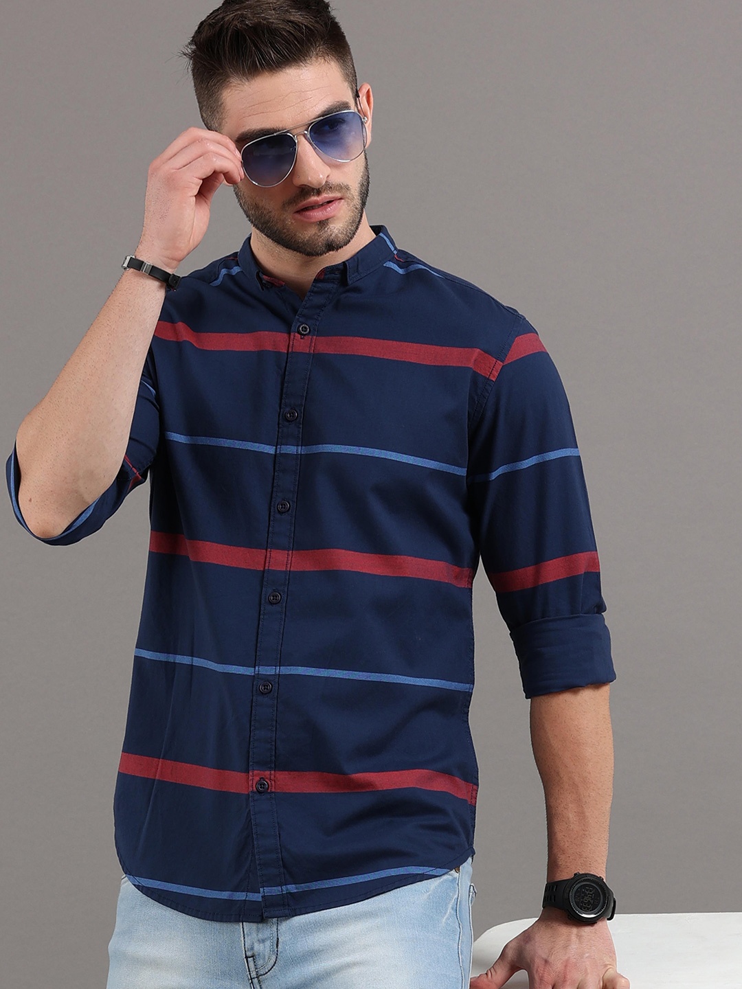 

HERE&NOW Men Blue Slim Fit Horizontal Striped Casual Shirt