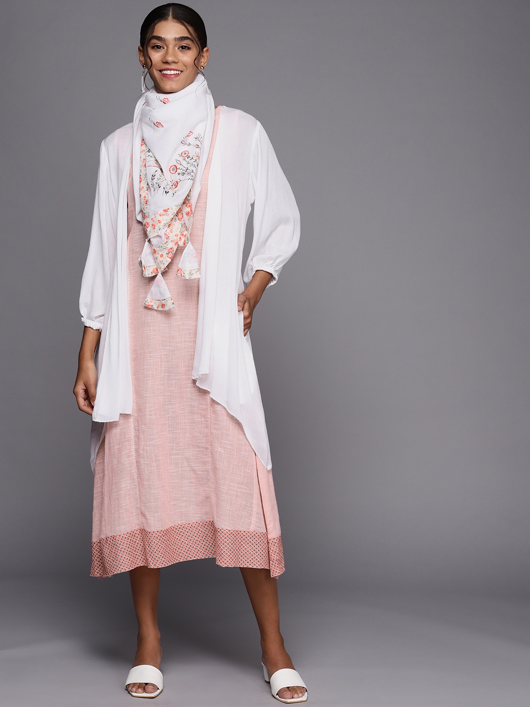 

PINKSKY Pink & White Floral Embroidered A-Line Midi Dress with Dupatta