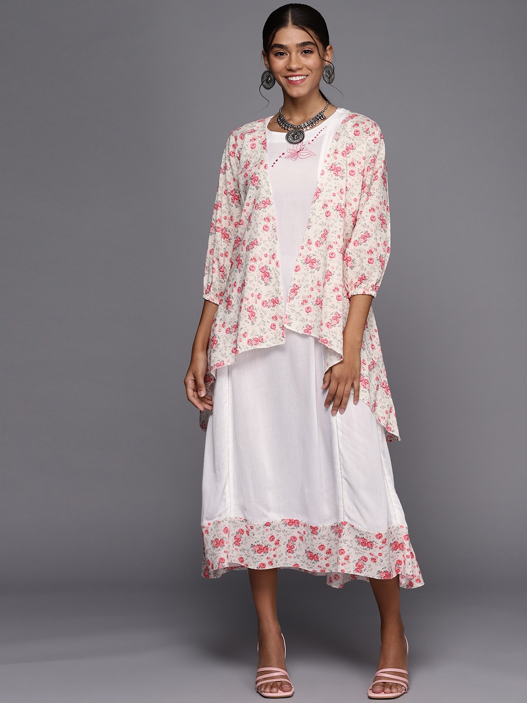 

PINKSKY White & Pink Floral A-Line Midi Dress