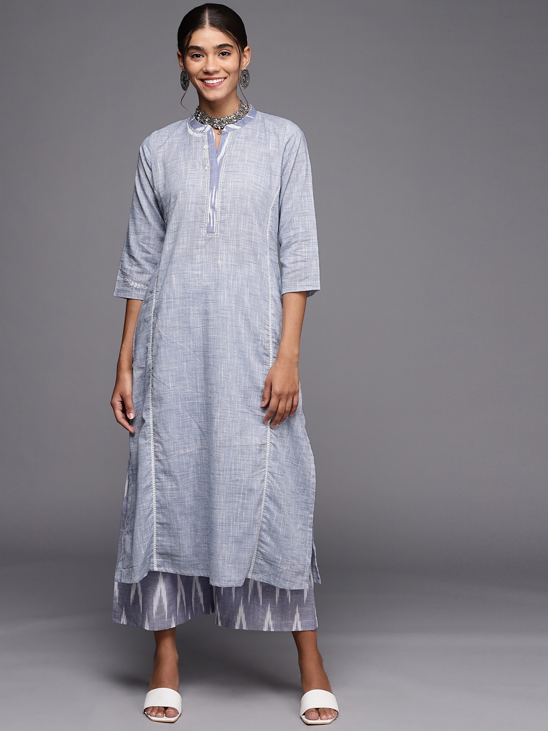 

PINKSKY Women Blue Ethnic Embroidered Pure Cotton Kurta with Palazzos