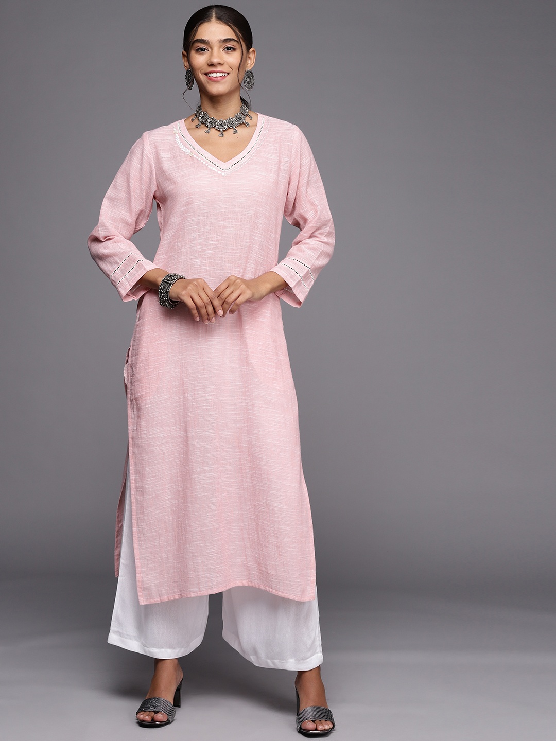 

PINKSKY Women Pink Ethnic Embroidered Pure Cotton Kurta with Palazzos