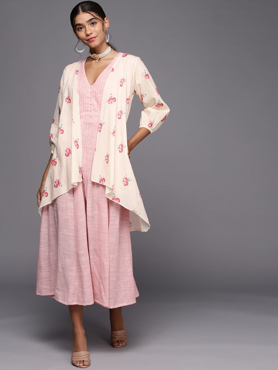 

PINKSKY Pink & Off White Floral A-Line Midi Dress