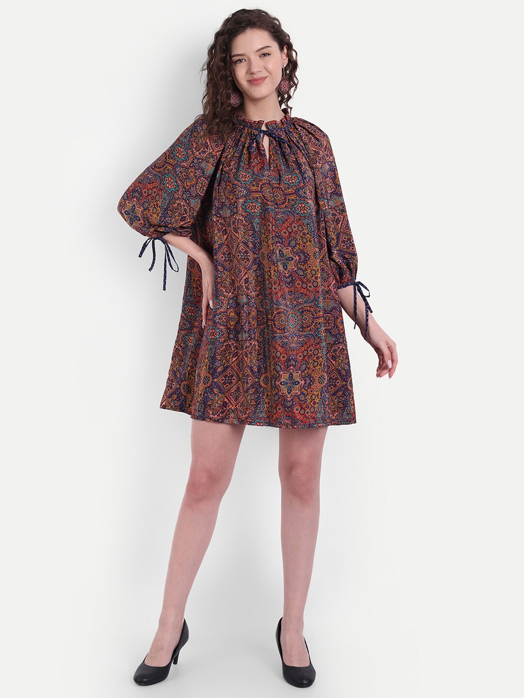 

MINGLAY Brown & Yellow Tribal Tie-Up Neck Crepe A-Line Dress