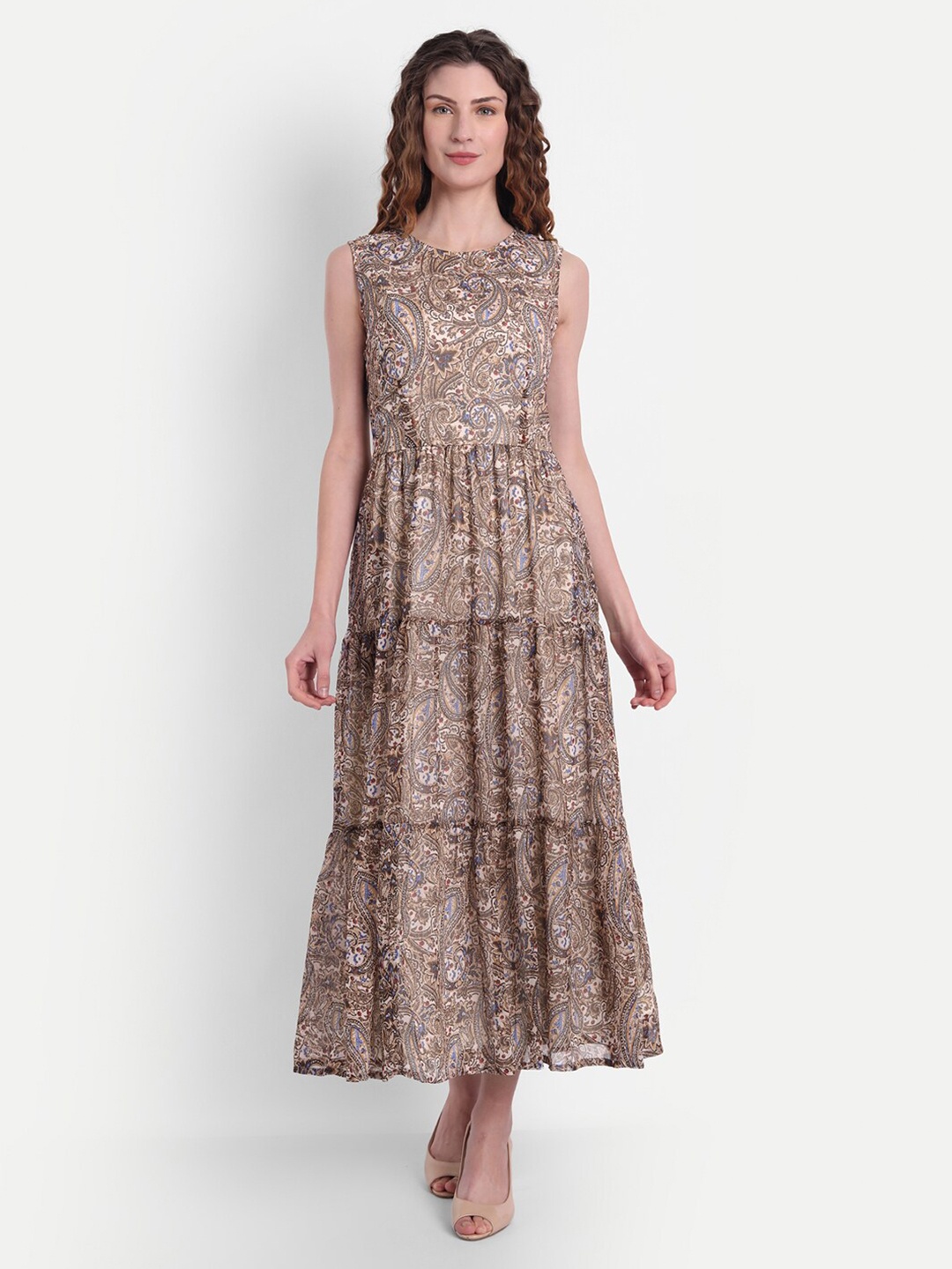 

MINGLAY Brown & Cream-Coloured Ethnic Motifs Chiffon Maxi Dress