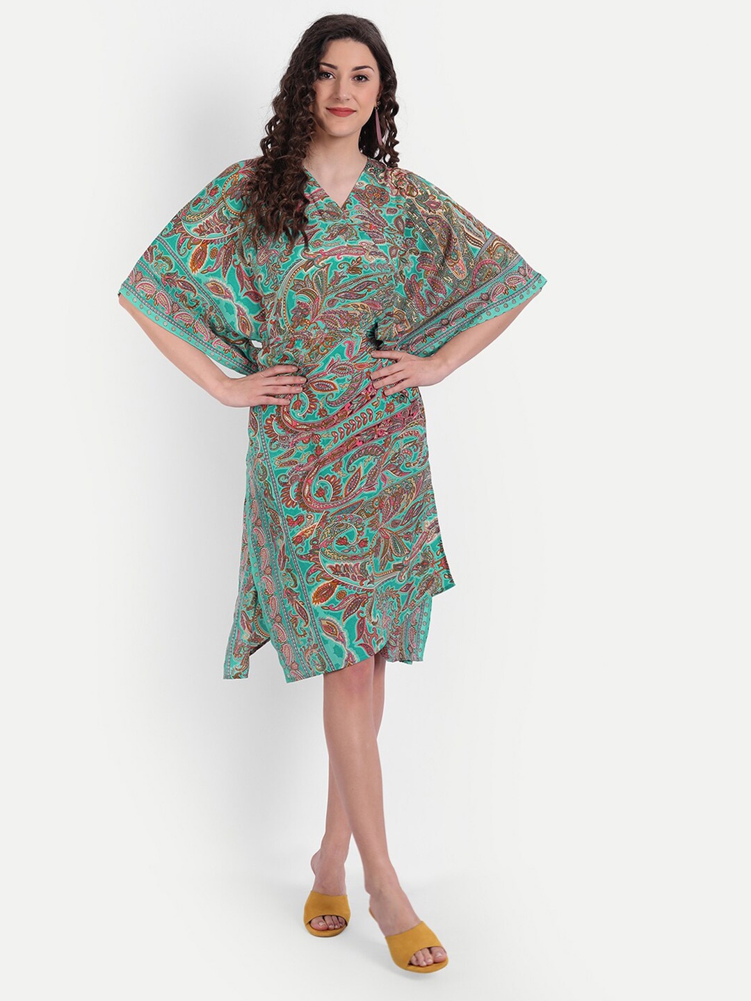 

MINGLAY Green & Brown Ethnic Motifs Kaftan Dress