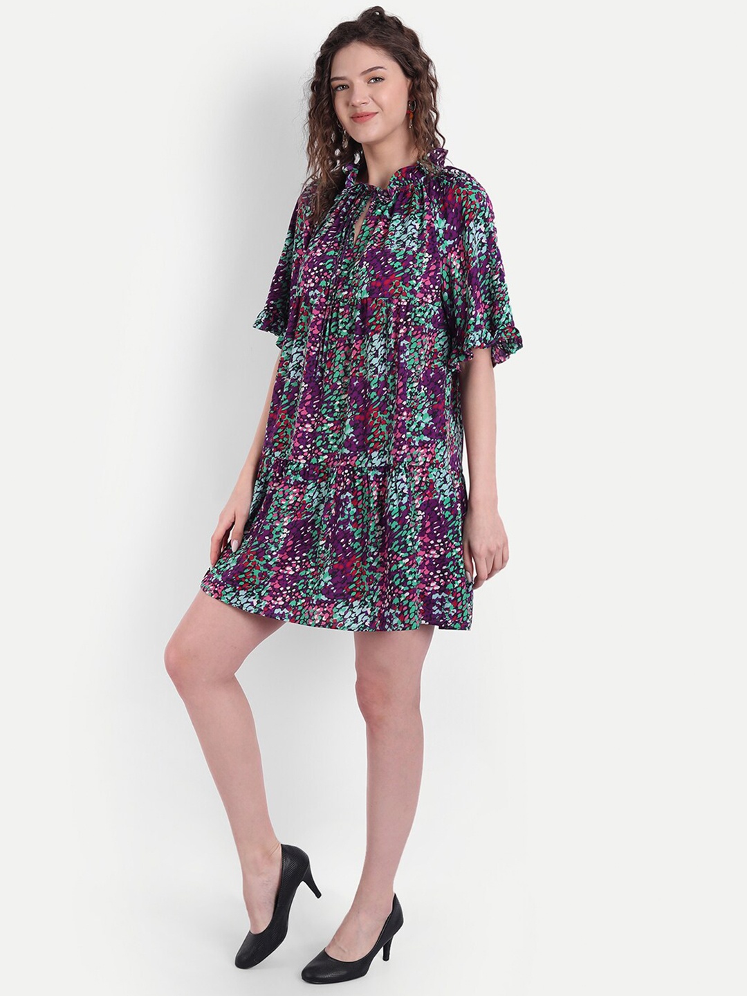 

MINGLAY Purple & Green Printed Crepe Dress