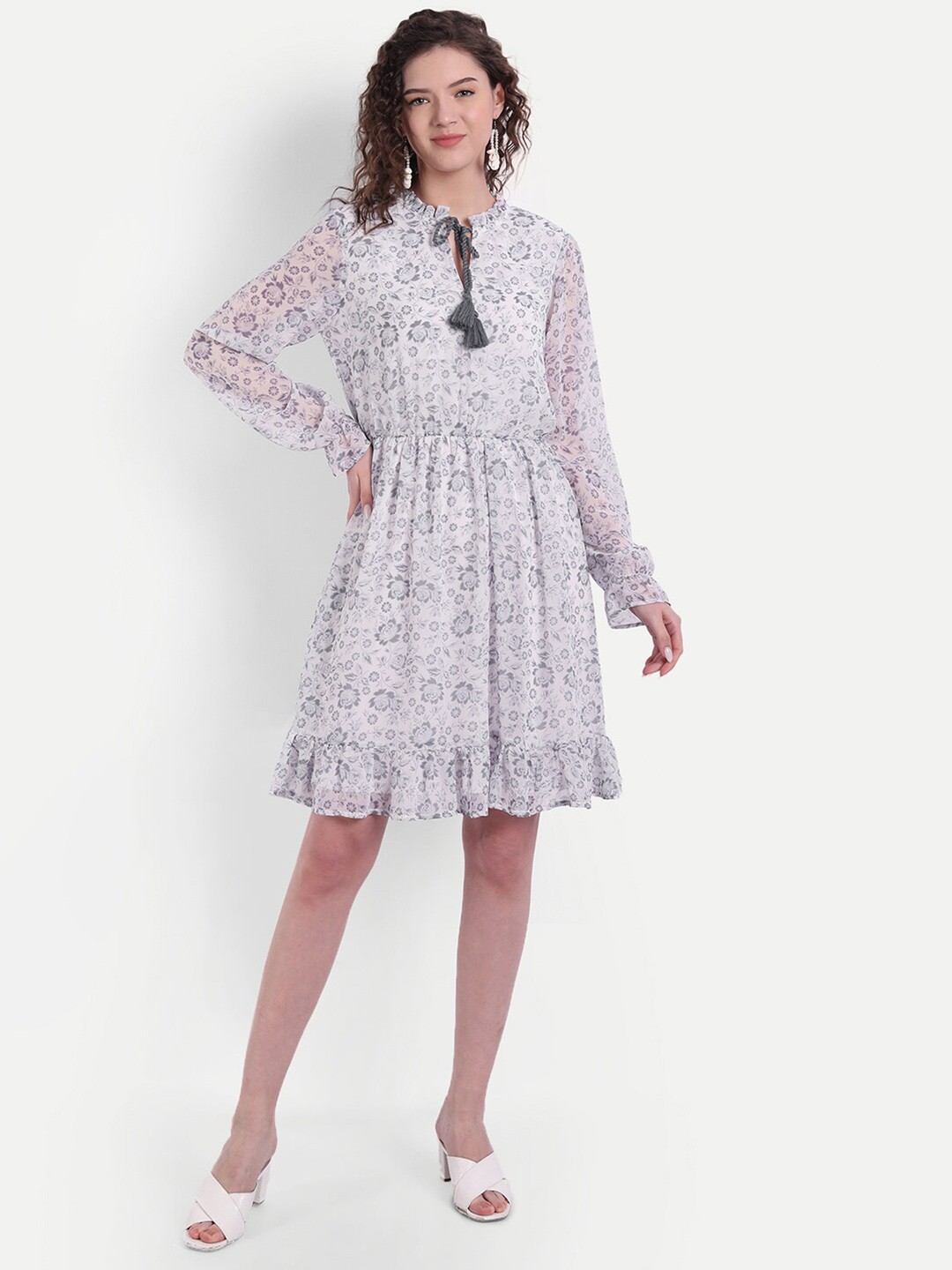 

MINGLAY White & Grey Floral Tie-Up Neck Chiffon Dress