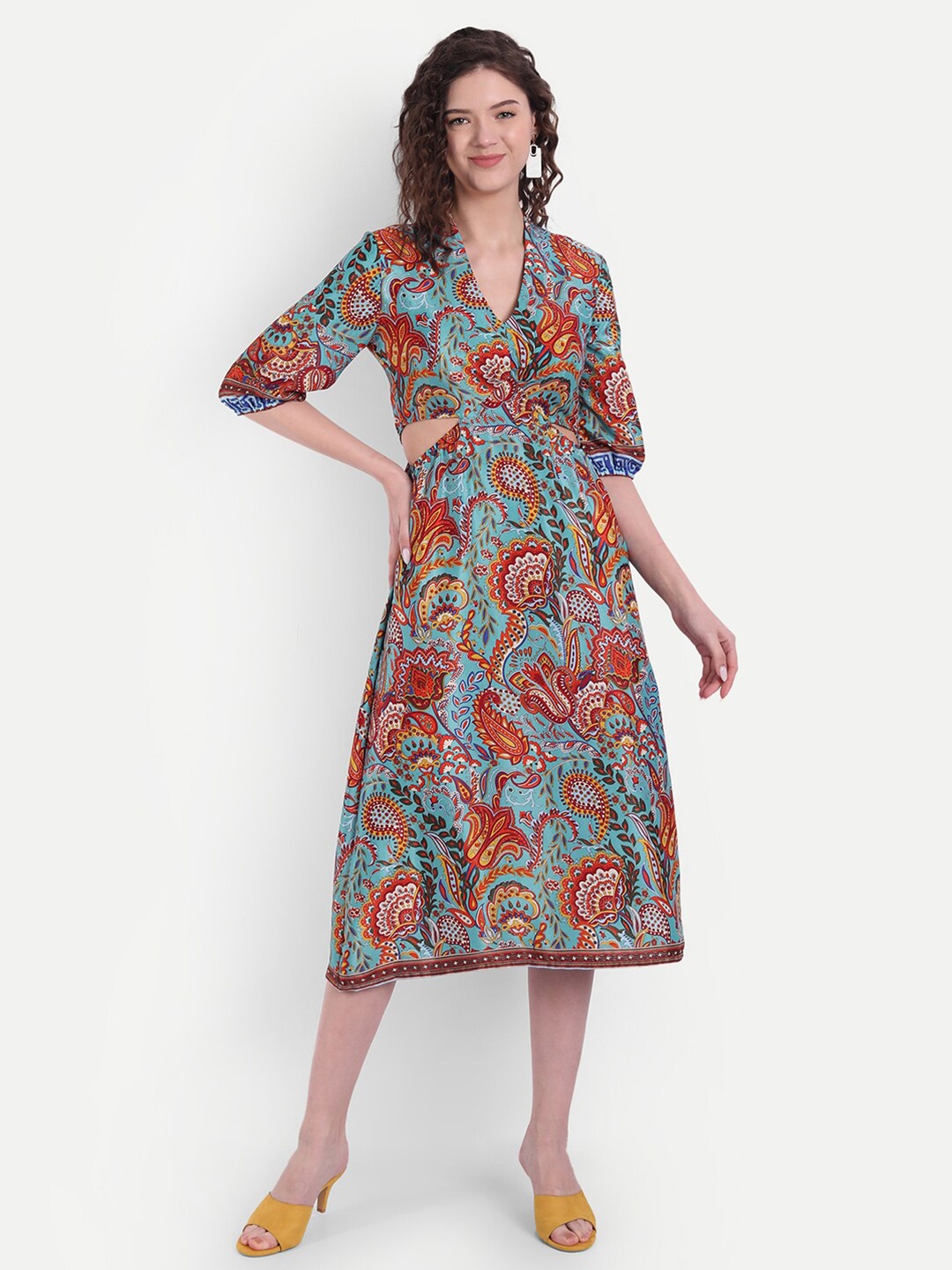 

MINGLAY Blue & Red Ethnic Motifs Crepe A-Line Midi Dress