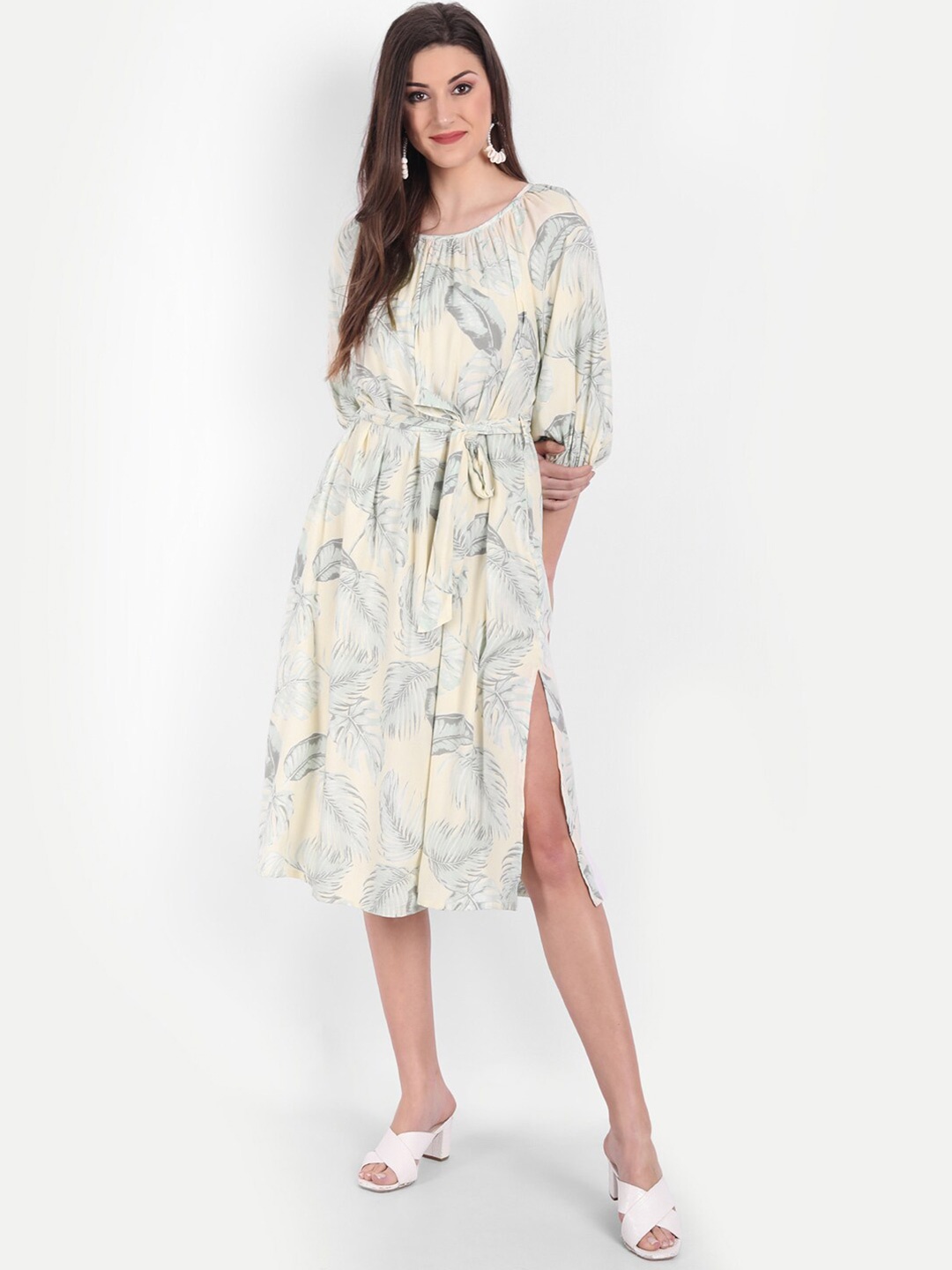 

MINGLAY Beige & Grey Tropical Midi Dress