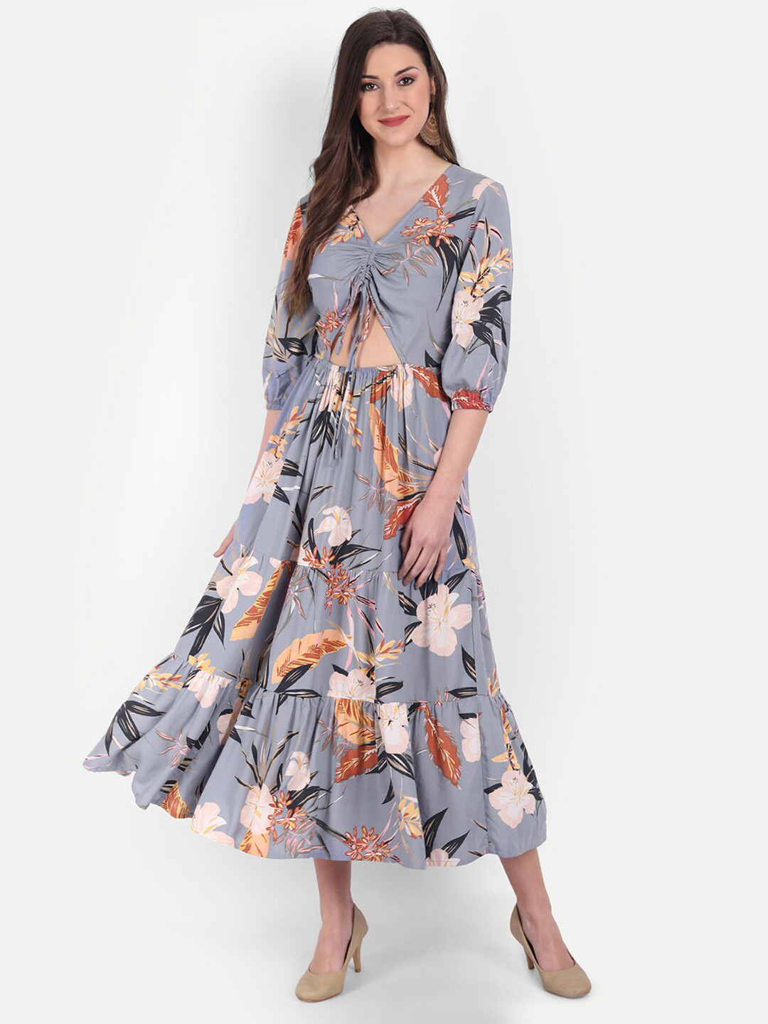 

MINGLAY Grey & White Floral Ruched Midi Dress