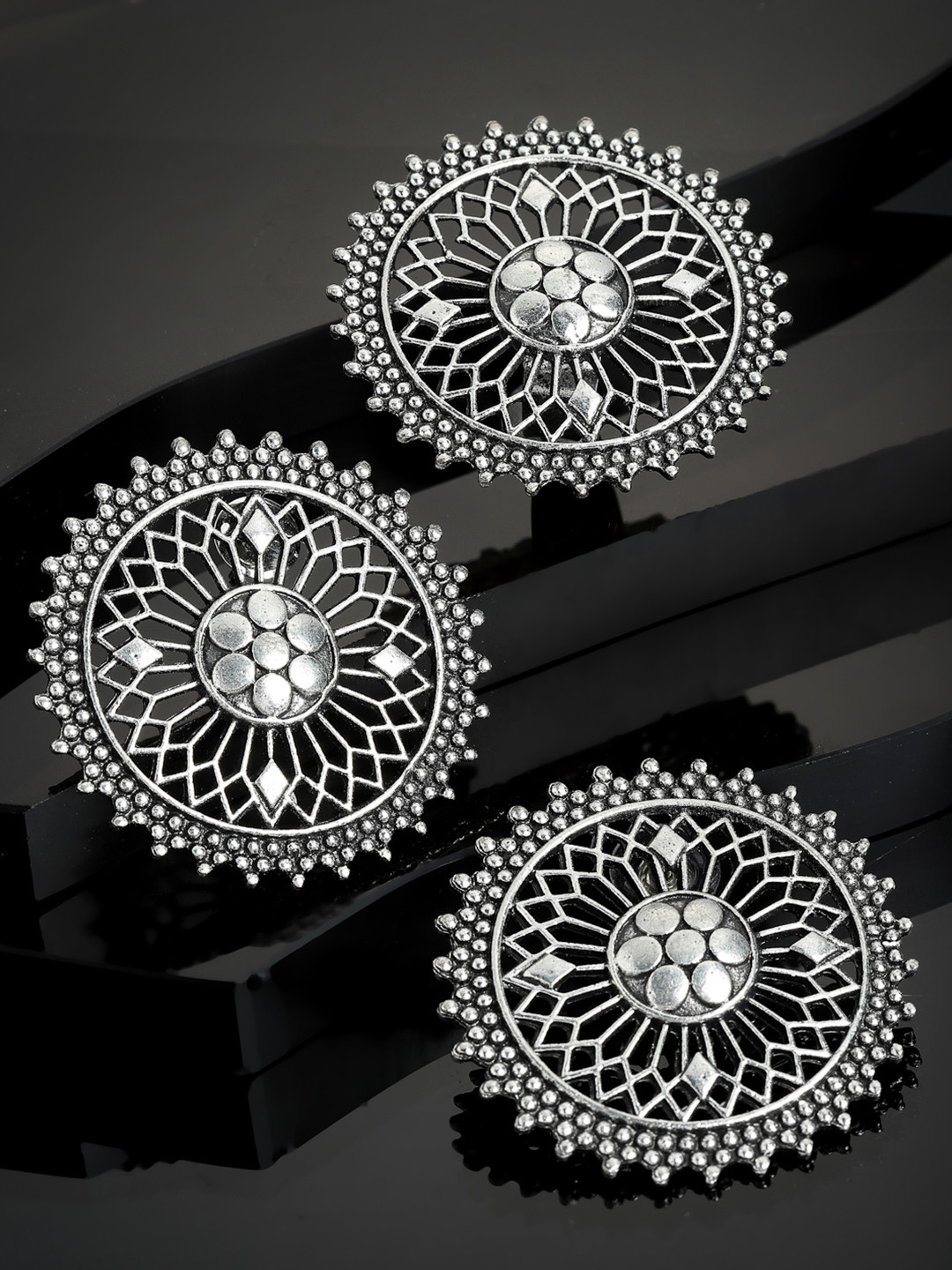 

PANASH Silver-Plated Circular Studs Earrings With Adjustable Ring