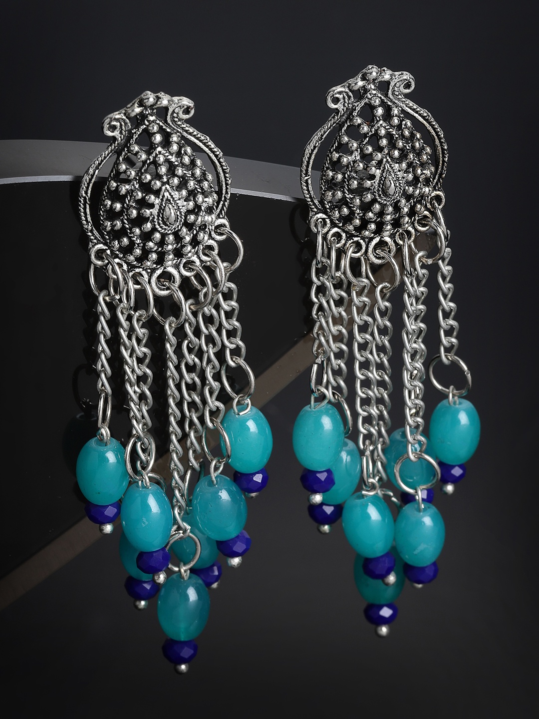 

PANASH Silver-Plated & Blue Geometric Drop Earrings