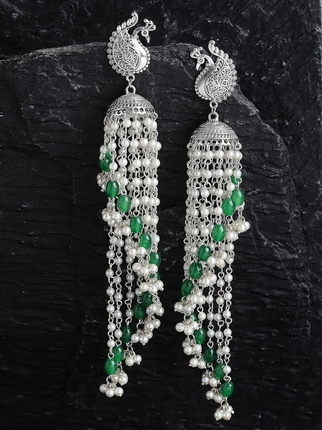 

PANASH Silver-Plated Peacock Shaped Jhumkas Earrings