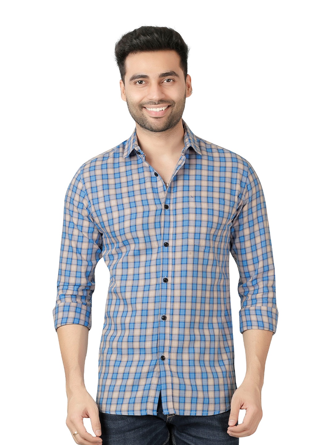 

5TH ANFOLD Men Blue Slim Fit Tartan Checks Checked Cotton Casual Shirt