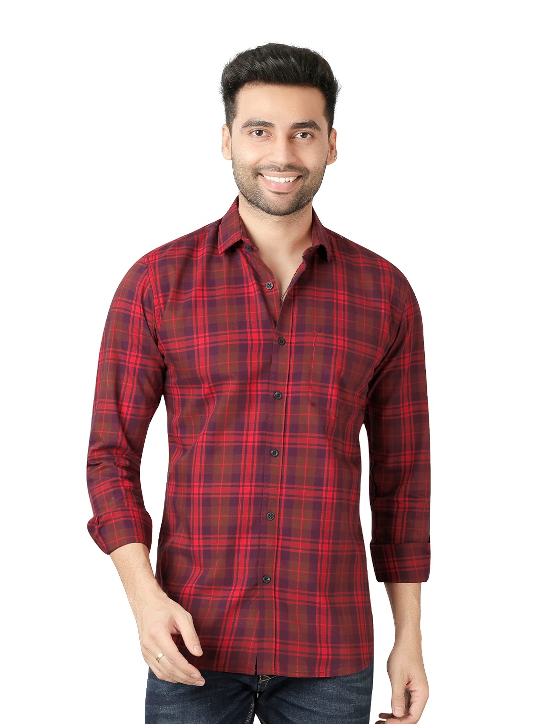 

5TH ANFOLD Men Red Slim Fit Tartan Checks Casual Shirt