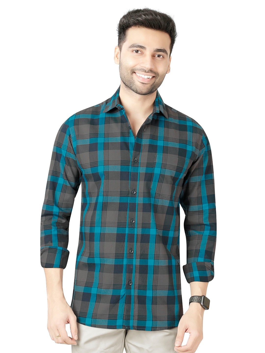 

5TH ANFOLD Men Teal & Grey Slim Fit Checked Full Sleev Casual Shirt
