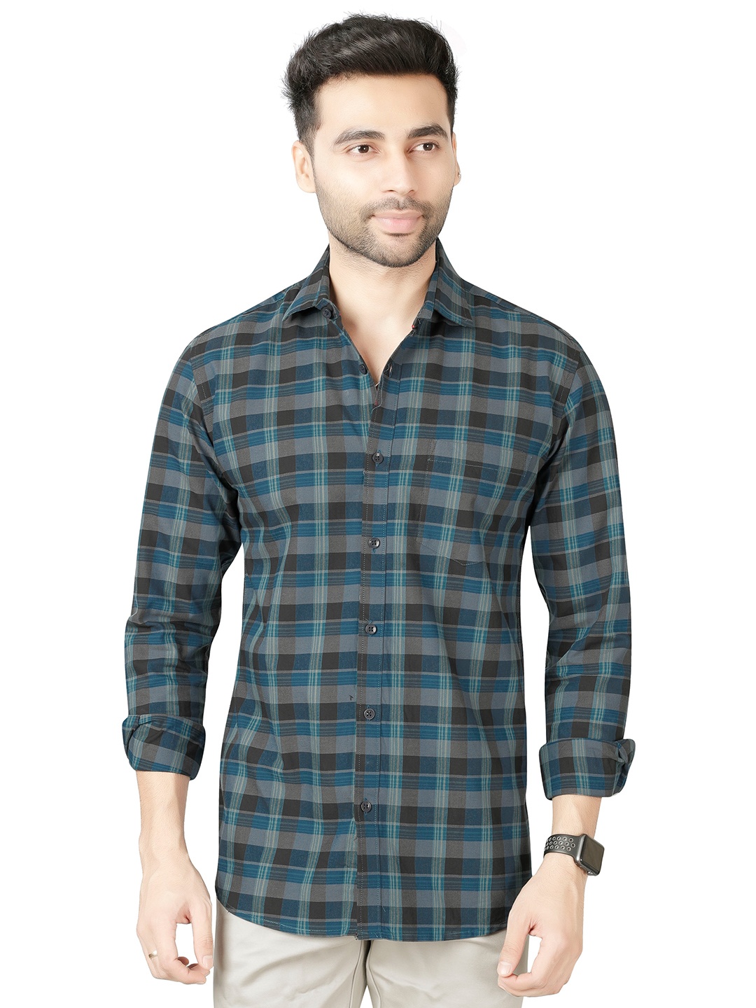 

5TH ANFOLD Men Green Slim Fit Checked Casual Shirt