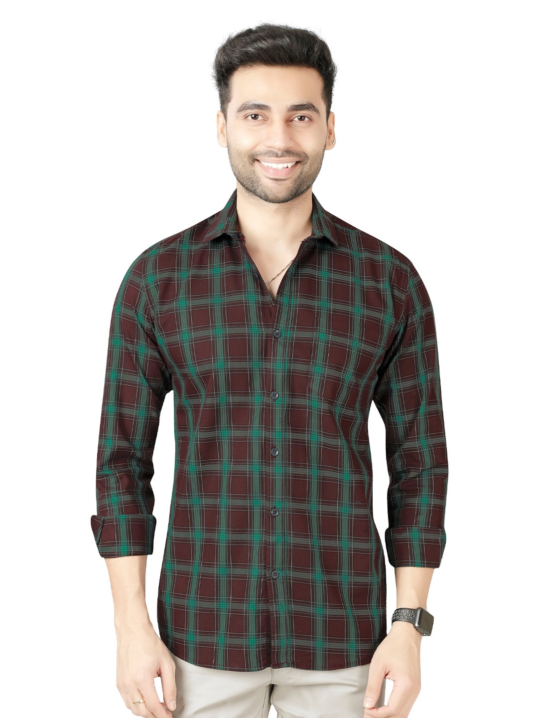 

5TH ANFOLD Men Green & Maroon Slim Fit Checked Pure Cotton Casual Shirt