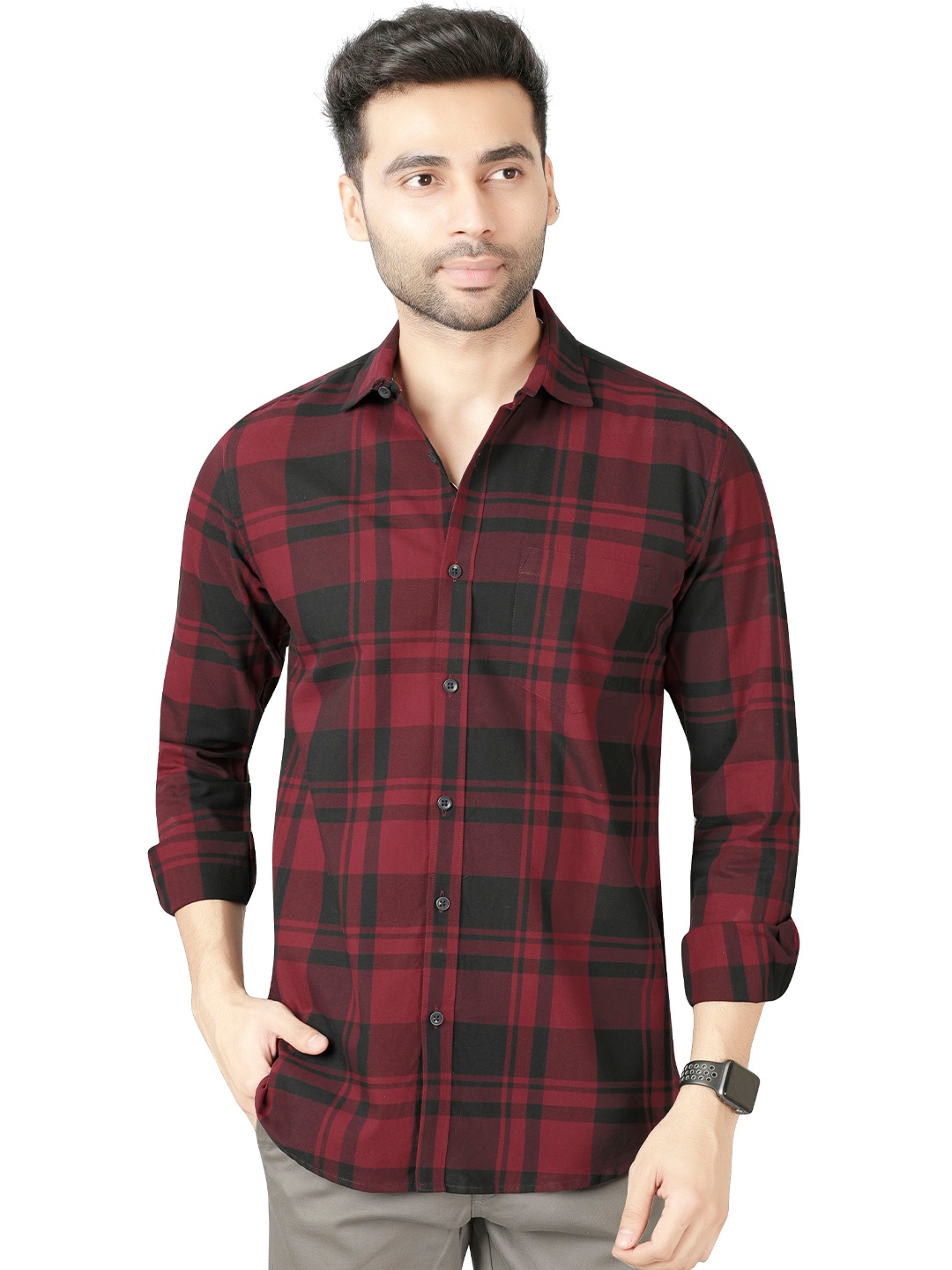 

5TH ANFOLD Men Red Slim Fit Tartan Checks Casual Shirt