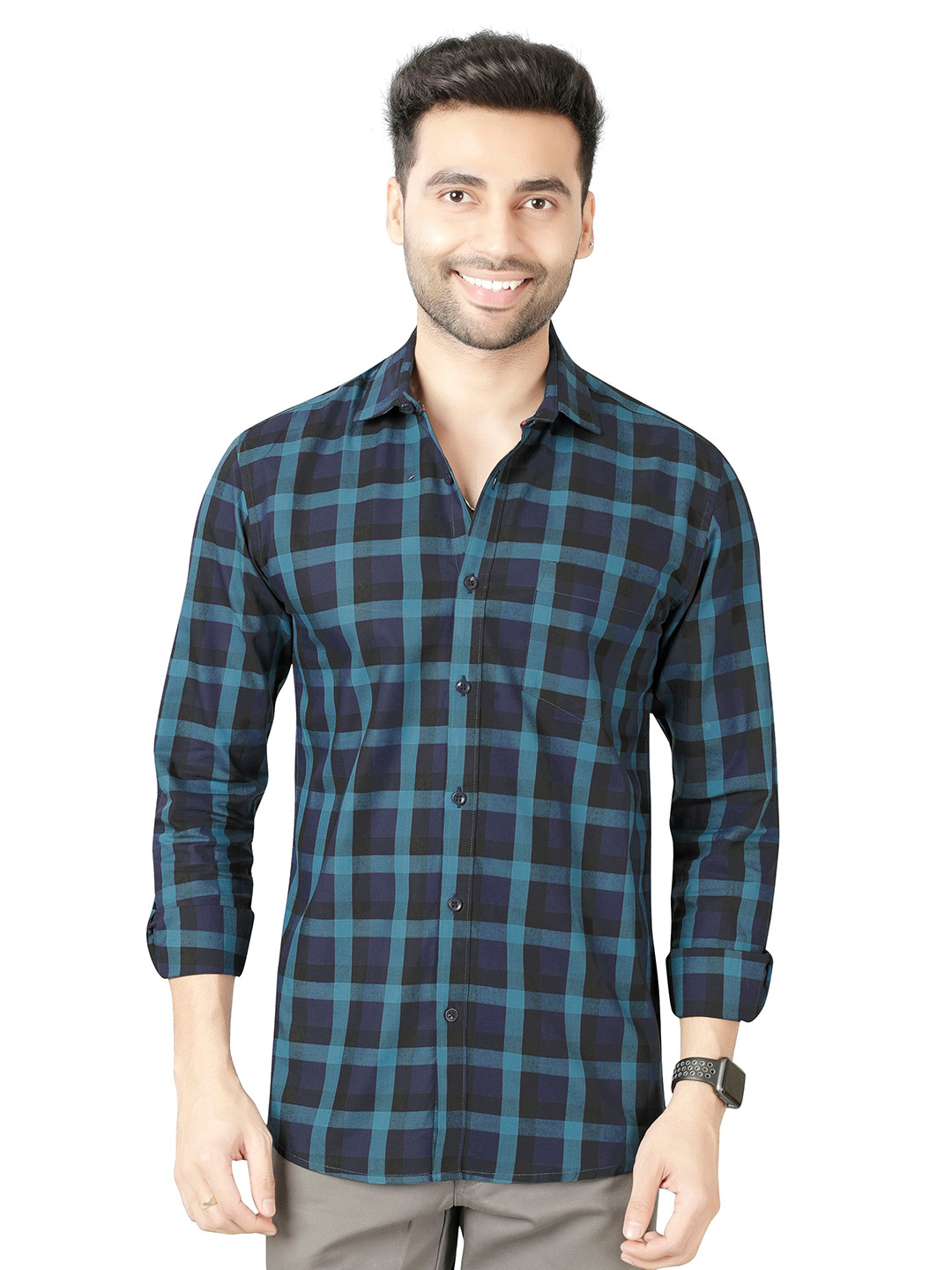 

5TH ANFOLD Men Navy Blue Slim Fit Checked Casual Shirt