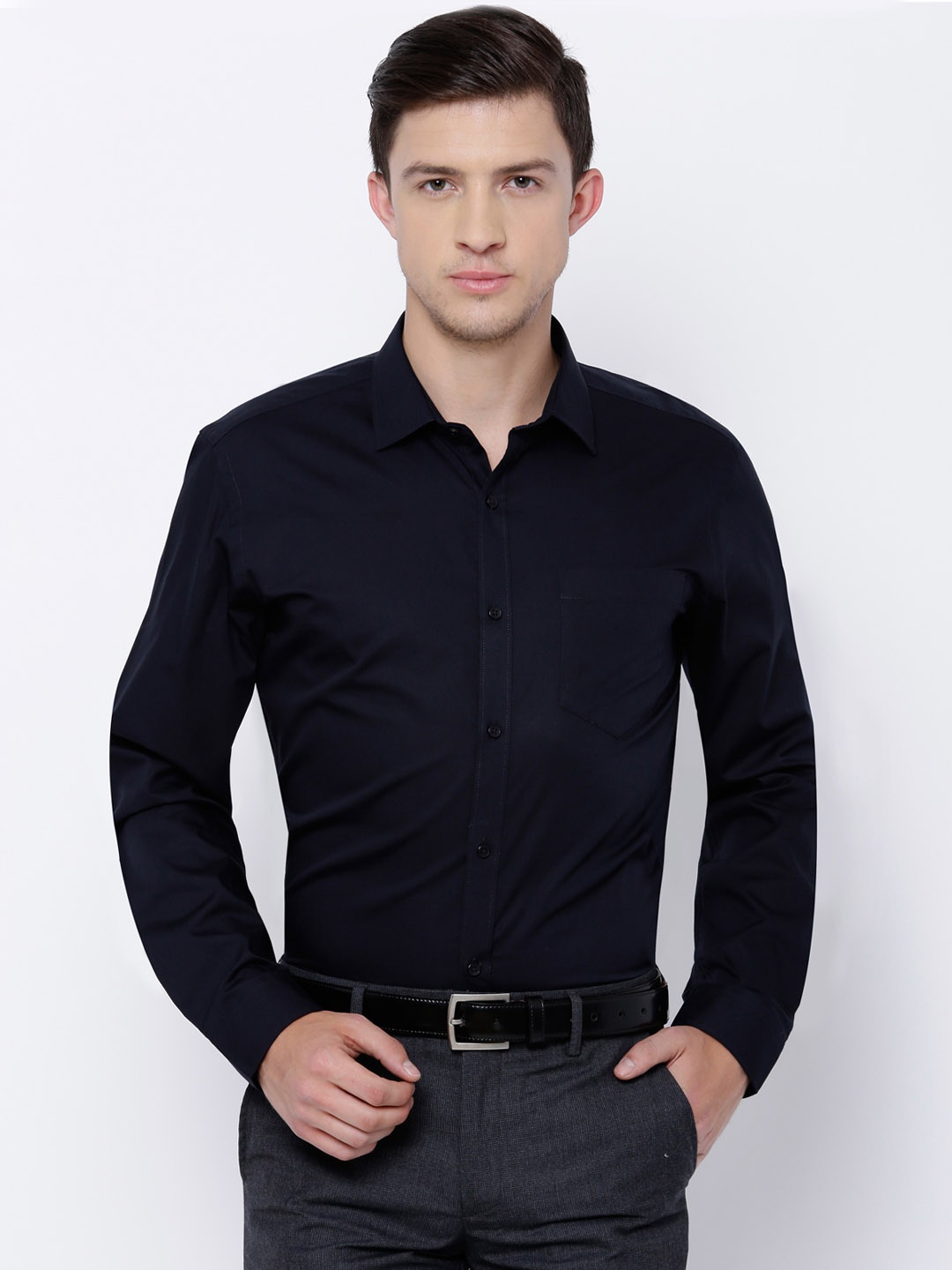 

Black coffee Men Navy Slim Fit Solid Formal Shirt, Navy blue