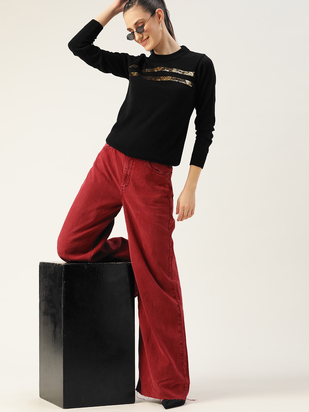 

DressBerry Women Black Striped Pullover With Embellished Detail
