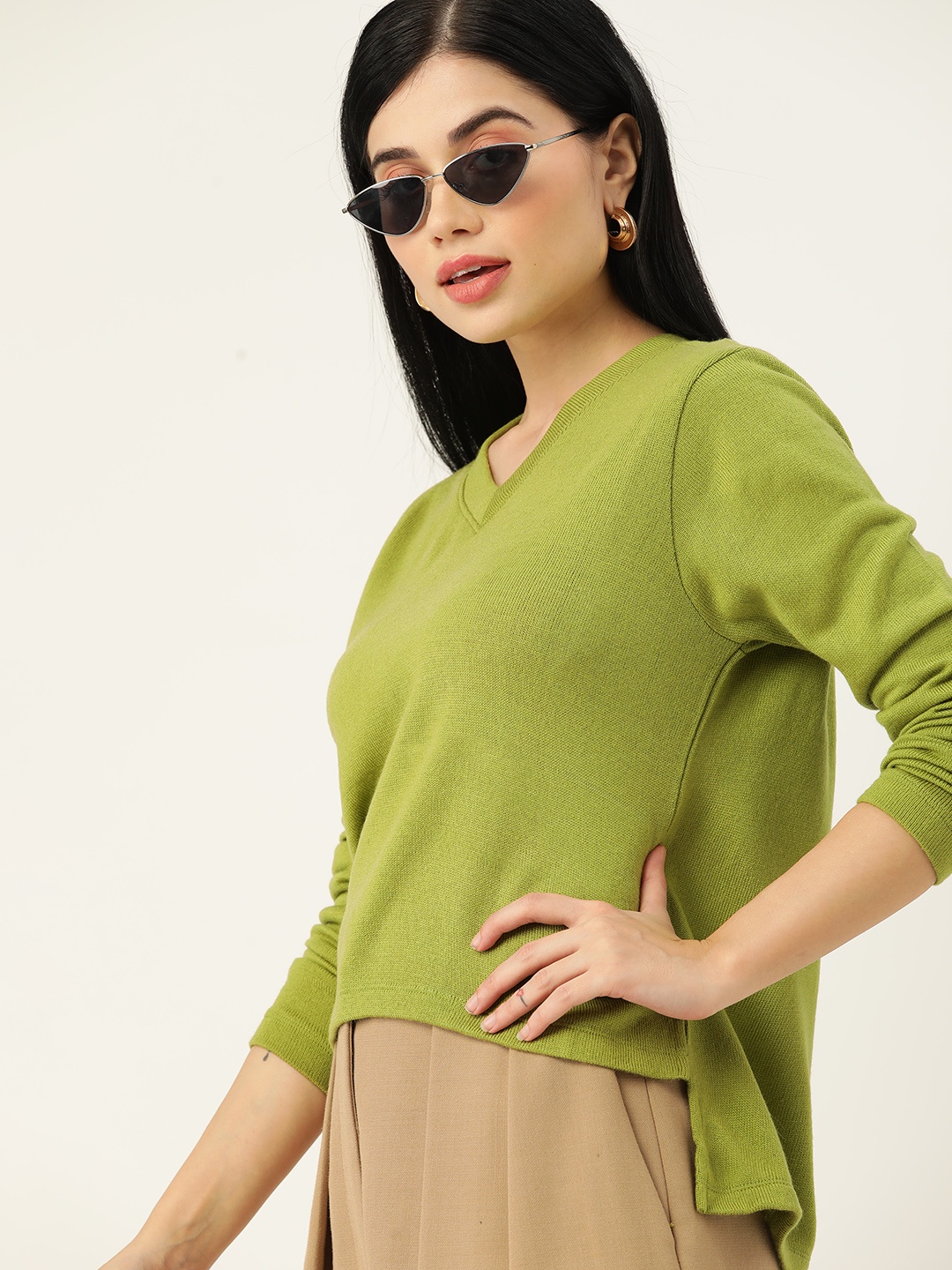 

DressBerry Women Green Pure Acrylic Solid High-Low Pullover