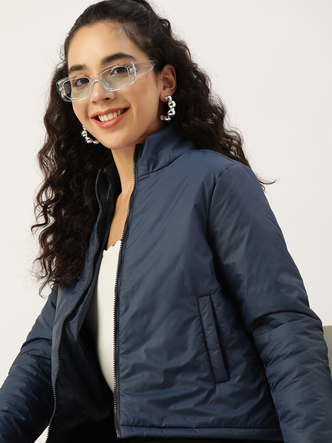 

DressBerry Women Navy Blue Solid Padded Jacket