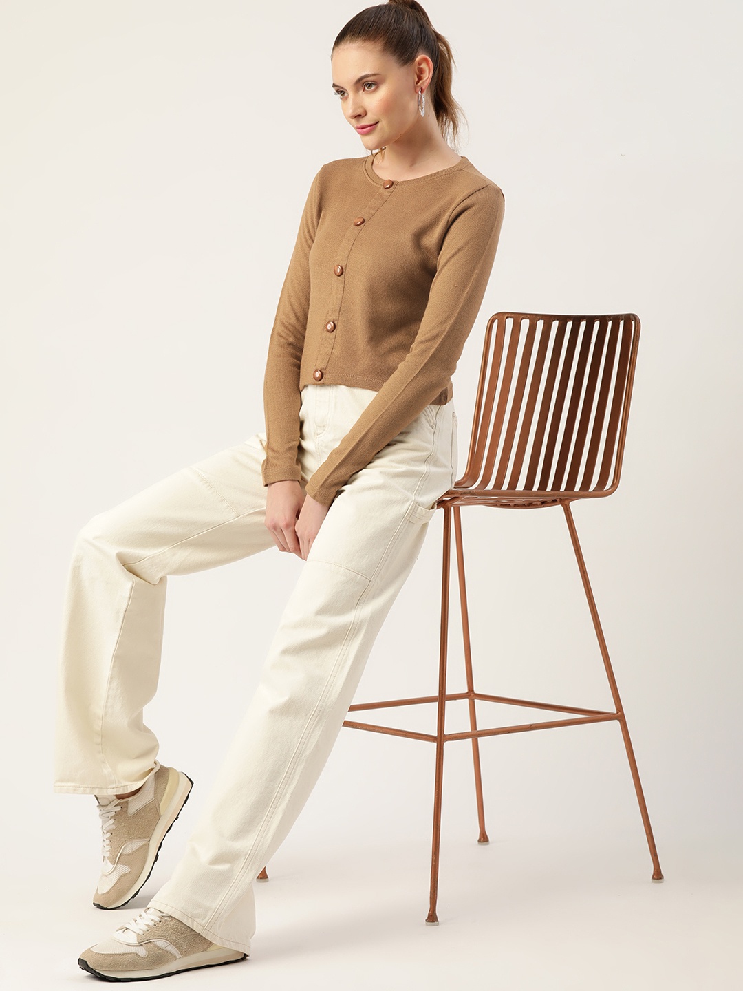

DressBerry Women Brown Pullover With Mock Button Detail