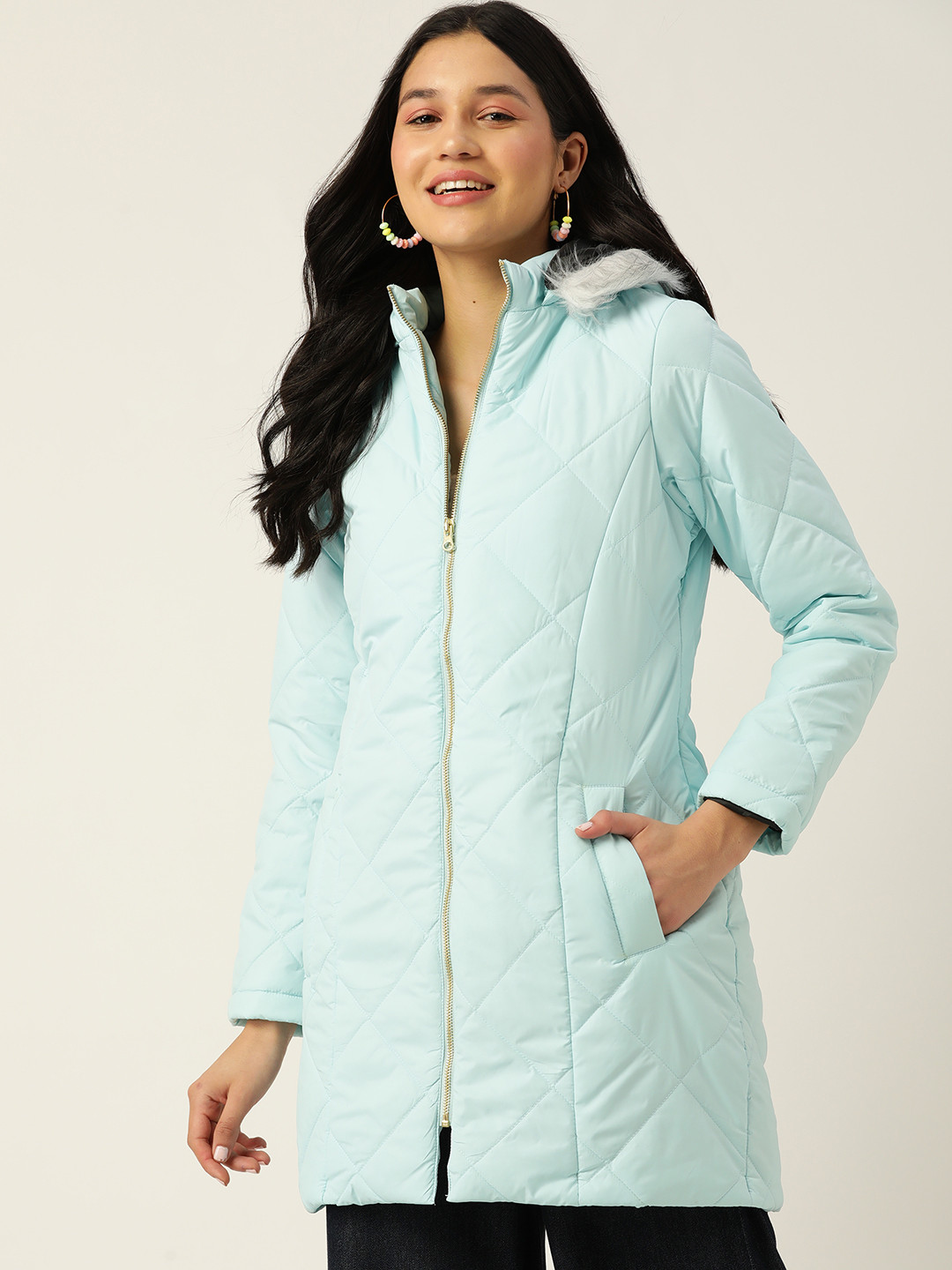 

Dressberry Women Faux Fur Trim Longline Parka Jacket, Blue