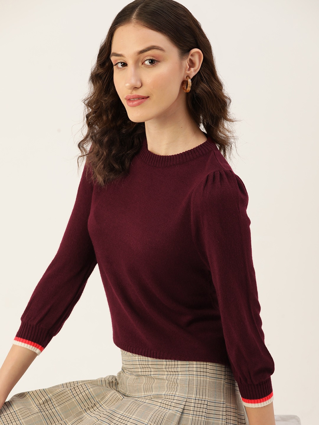 

DressBerry Women Burgundy Solid Puff Sleeves Pullover