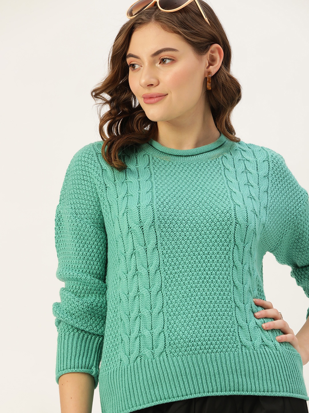 

DressBerry Women Green Cable Knit Pullover