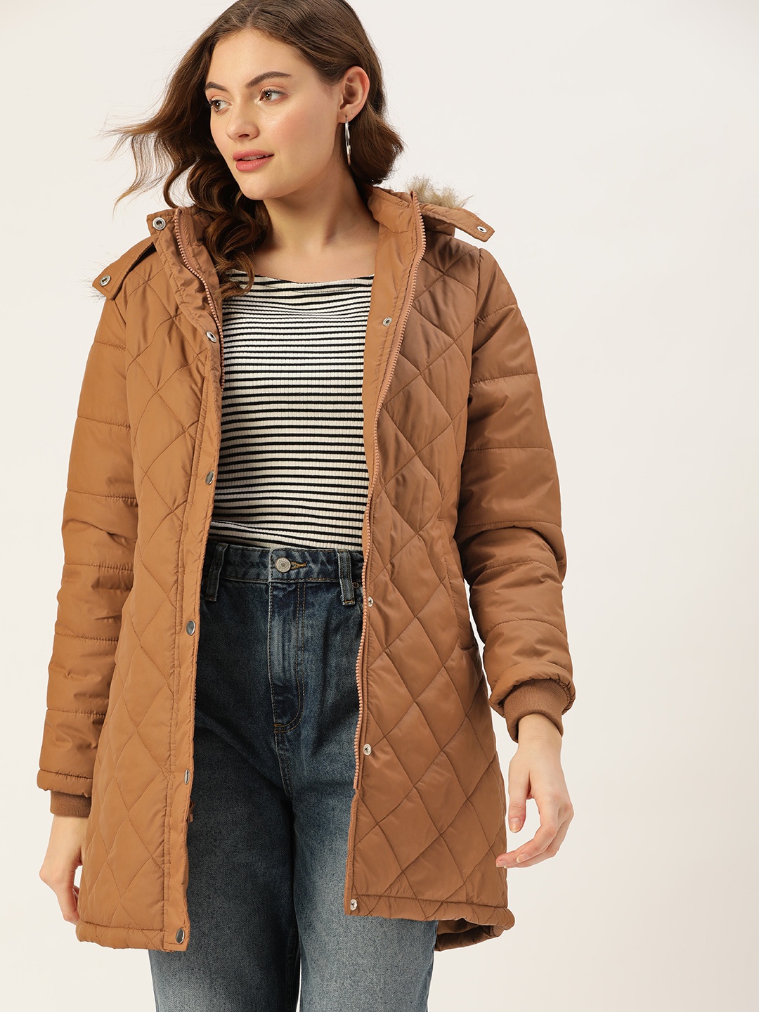 

Dressberry Women Brown Longline Quilted Parka Jacket