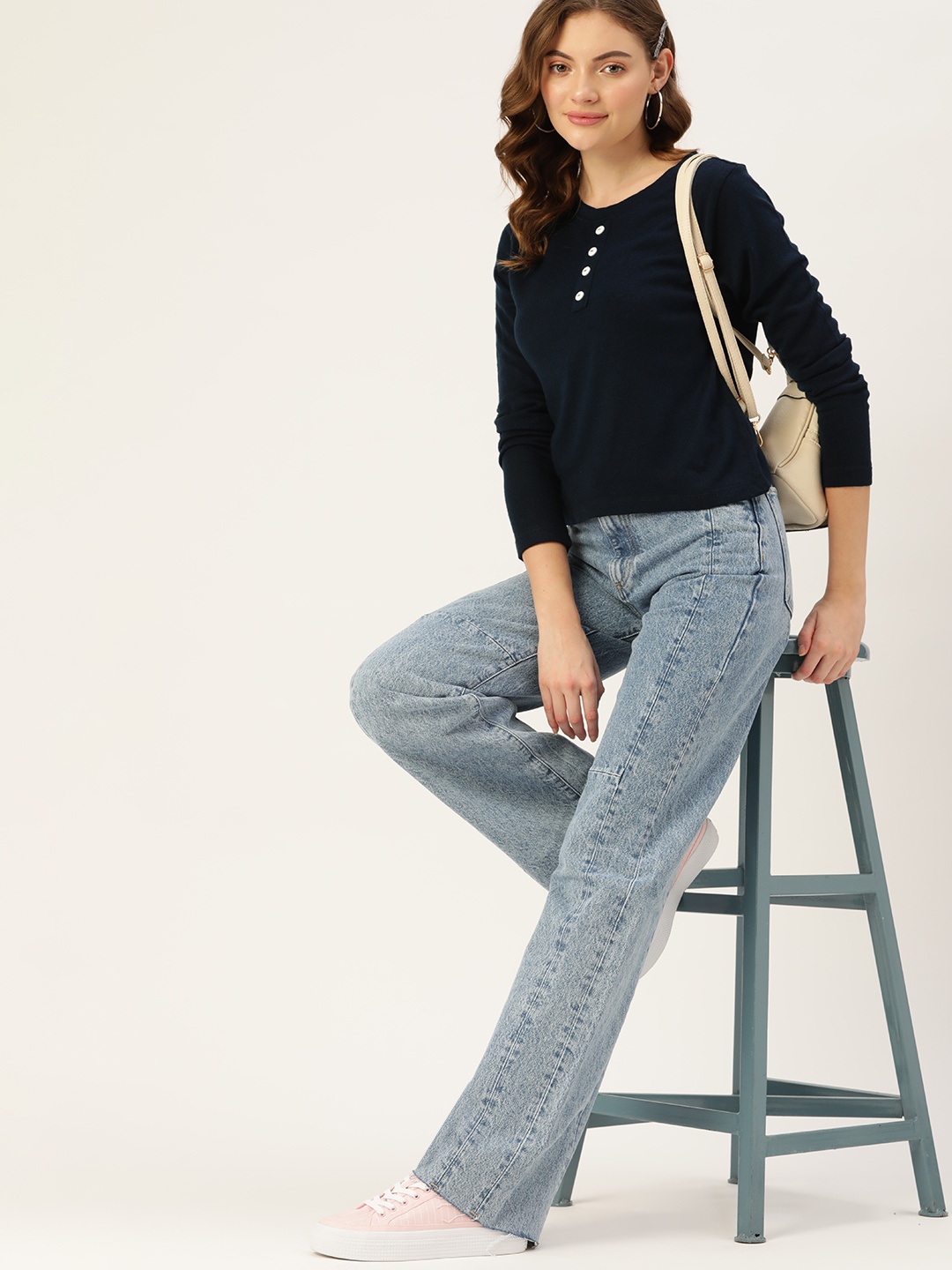 

DressBerry Women Navy Blue Solid Round Neck Pullover