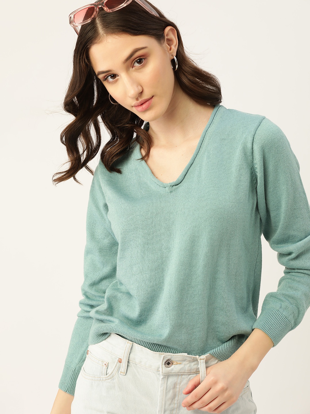 

DressBerry Women Green V-Neck Knitted Pullover