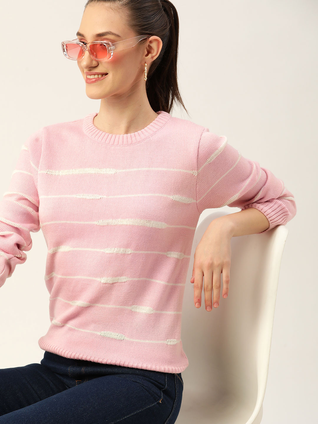 

DressBerry Women Pink & White Striped Acrylic Pullover