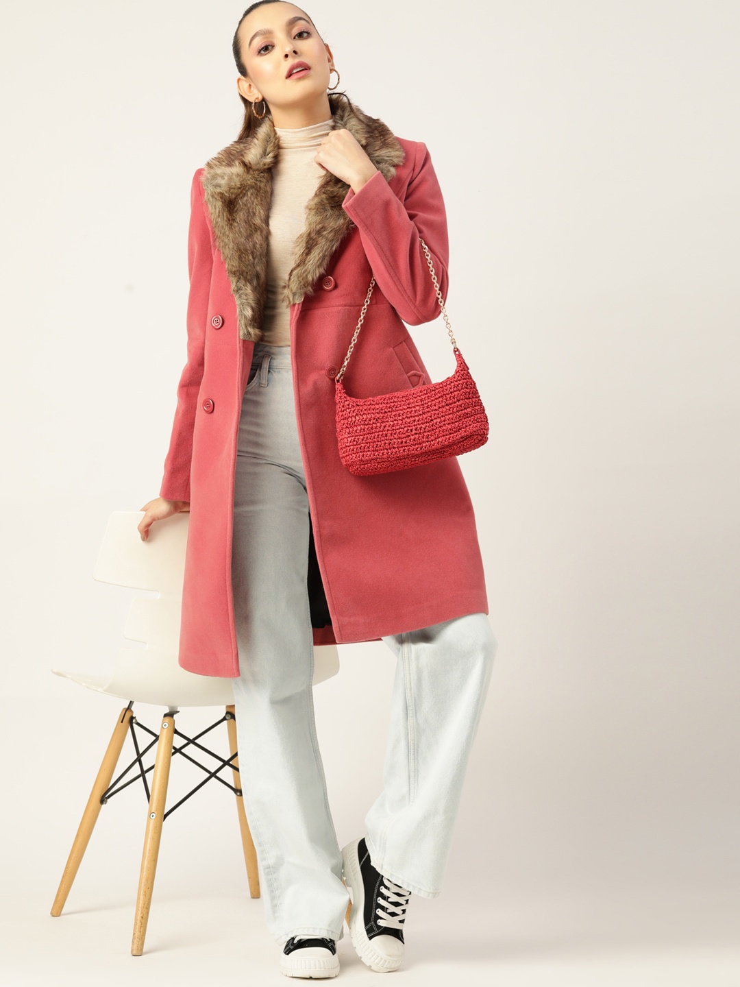 

4WRD by Dressberry Women Longline Faux Fur Over Coat, Rose