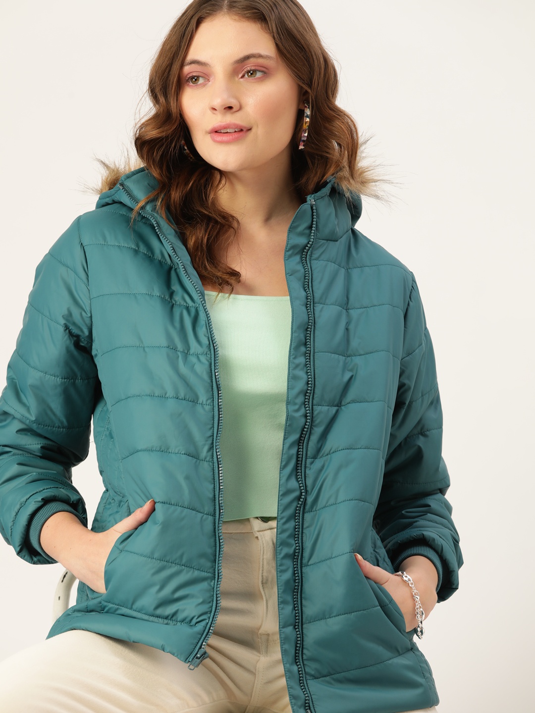 

DressBerry Women Teal Blue Solid Hooded Parka Jacket