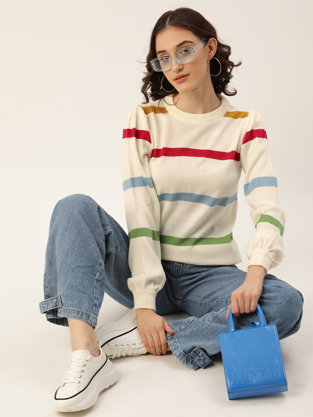 

Dressberry Women White & Red Striped Acrylic Pullover