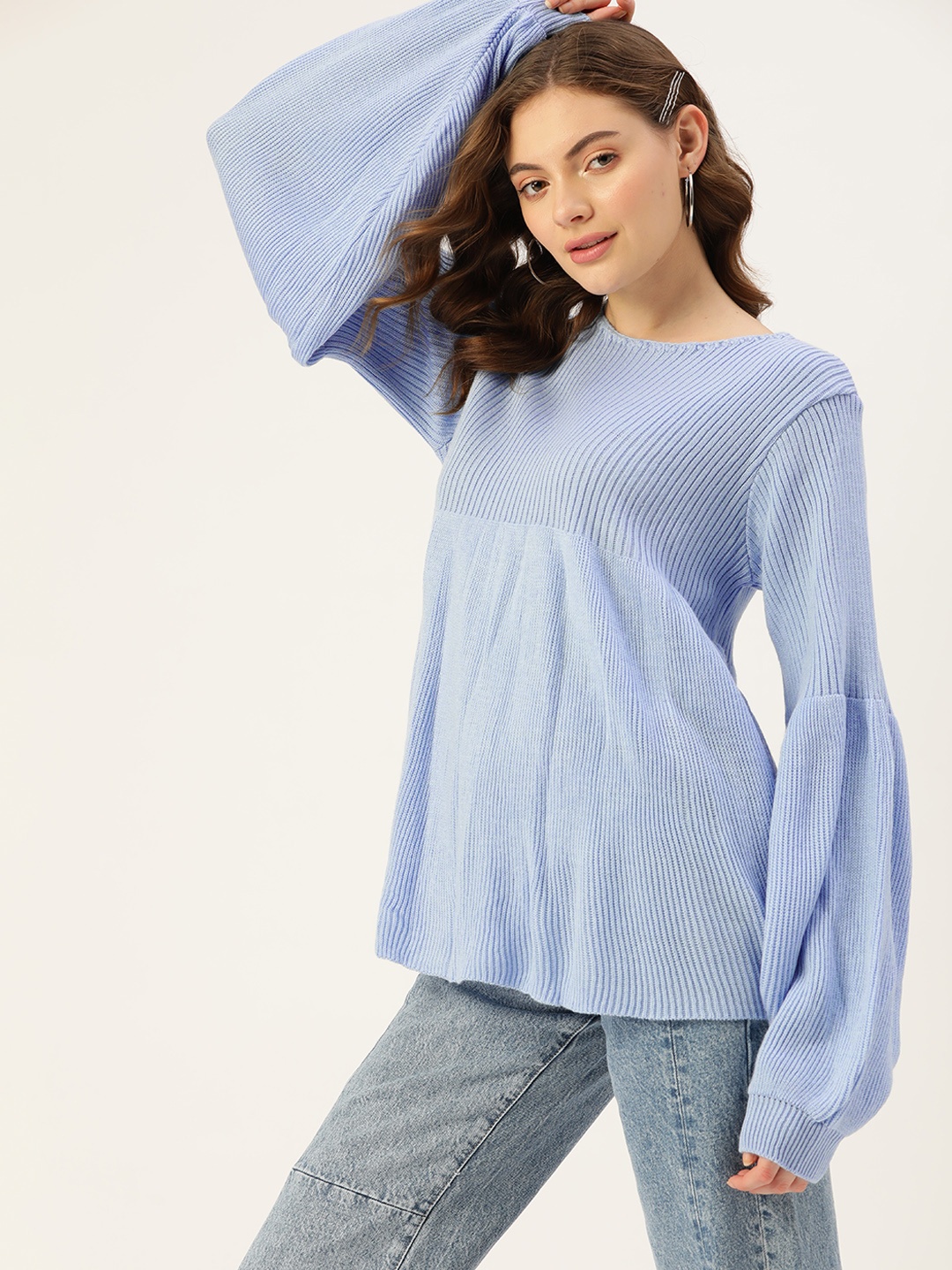 

DressBerry Women Blue Solid Round Neck Knitted Pullover