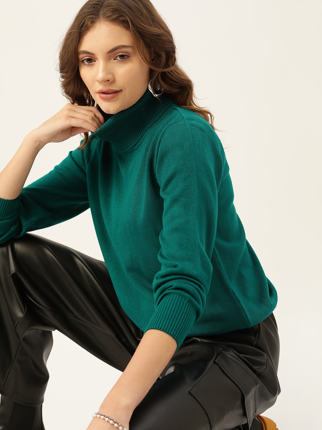 

DressBerry Women Green Turtle Neck Pullover