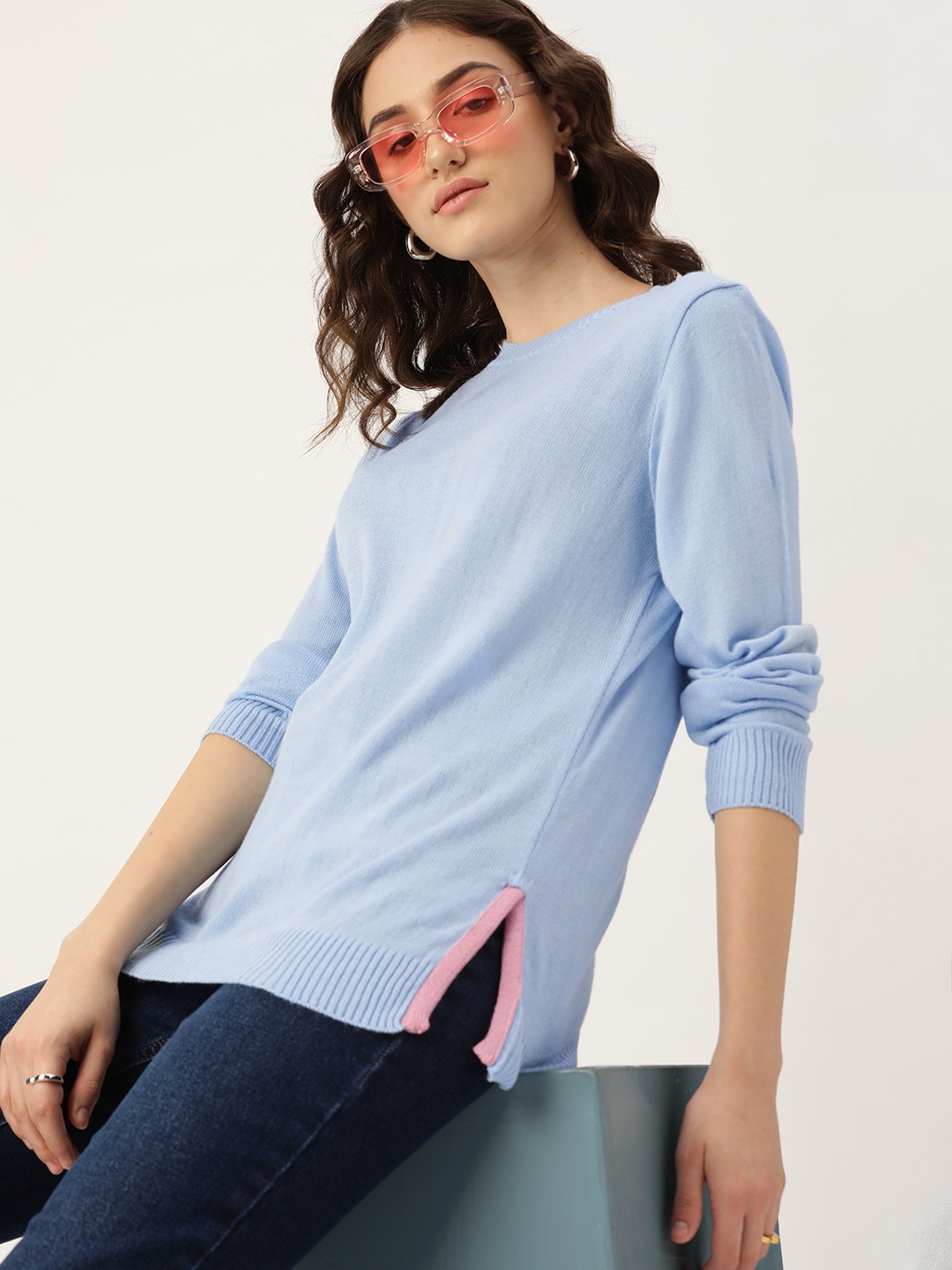 

DressBerry Women Blue Solid Ribbed Slit Hem Pullover