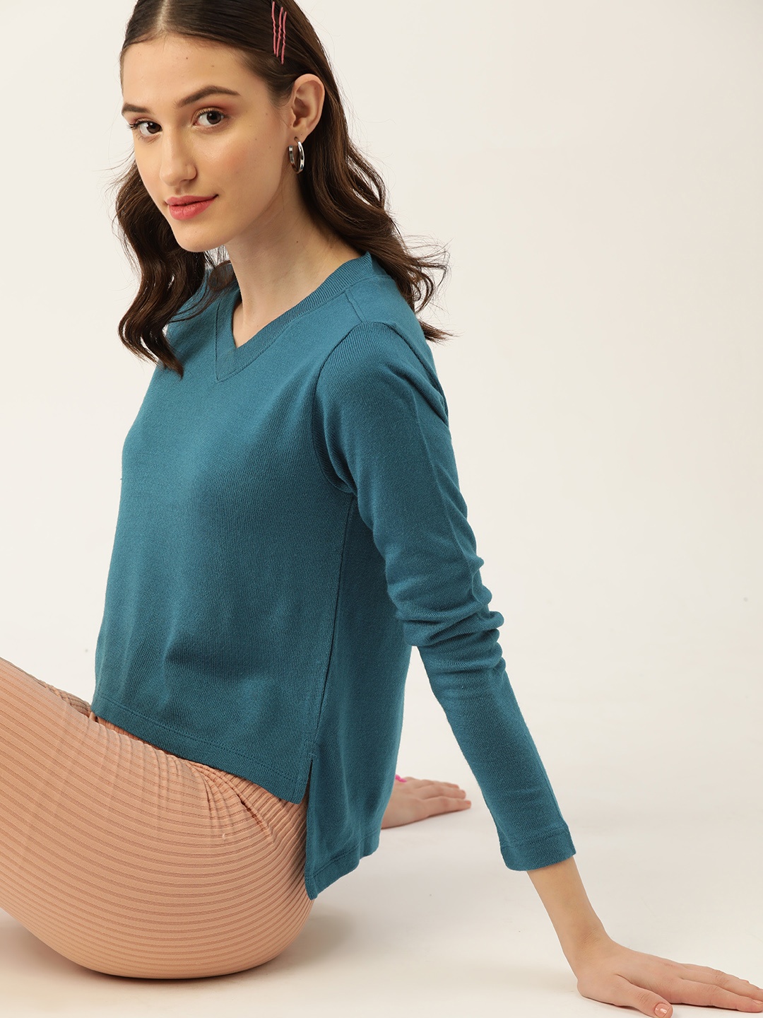 

DressBerry Women Teal Blue V-Neck Knitted Pullover