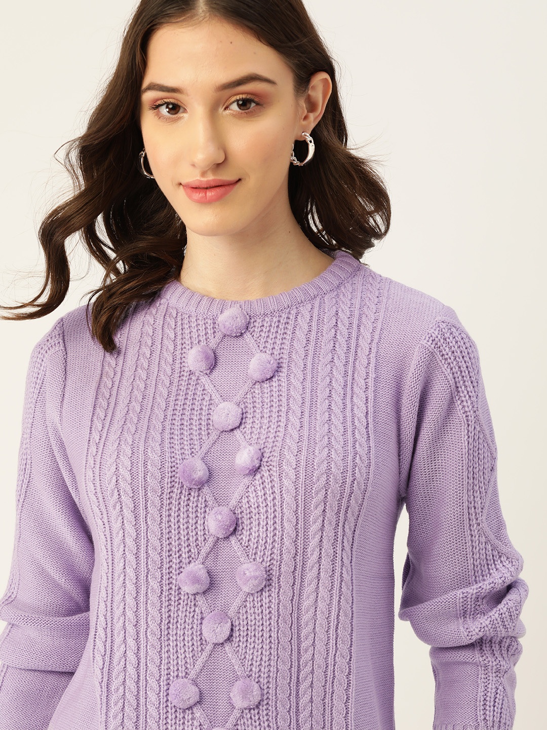 

Dressberry Women Lavender Cable Knit Pom-Pom Detail Pullover